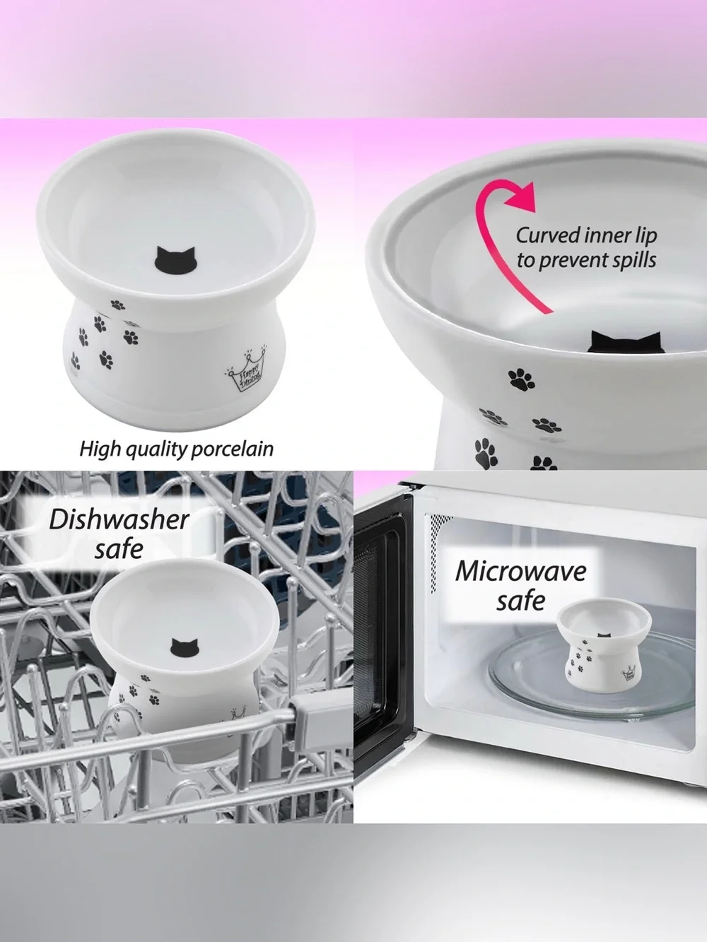 🐾 NEW Necoichi Elevated White Porcelain Cat Bowl with Black Paw Print | 1 Cup